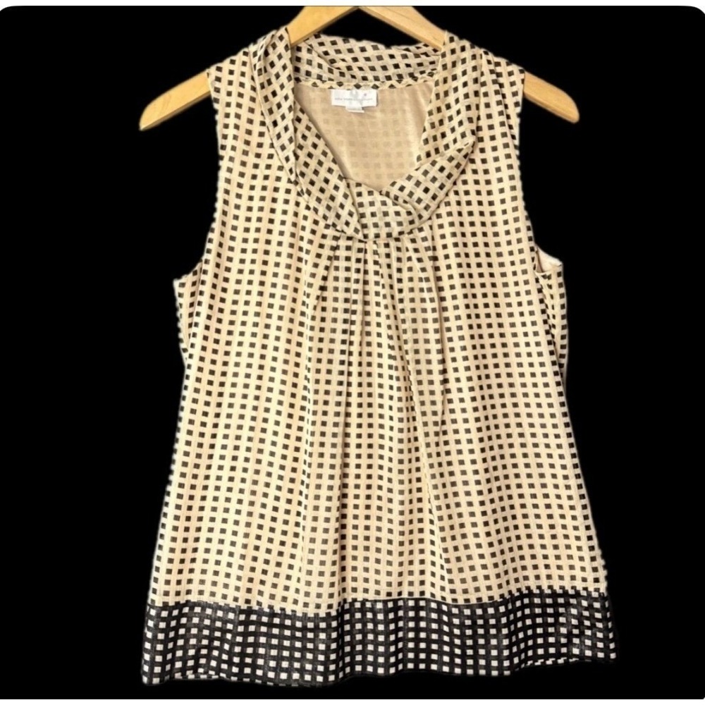 New York & Company Blouse Women Medium Beige Black Grid Cowl Neck Sleeveless Top